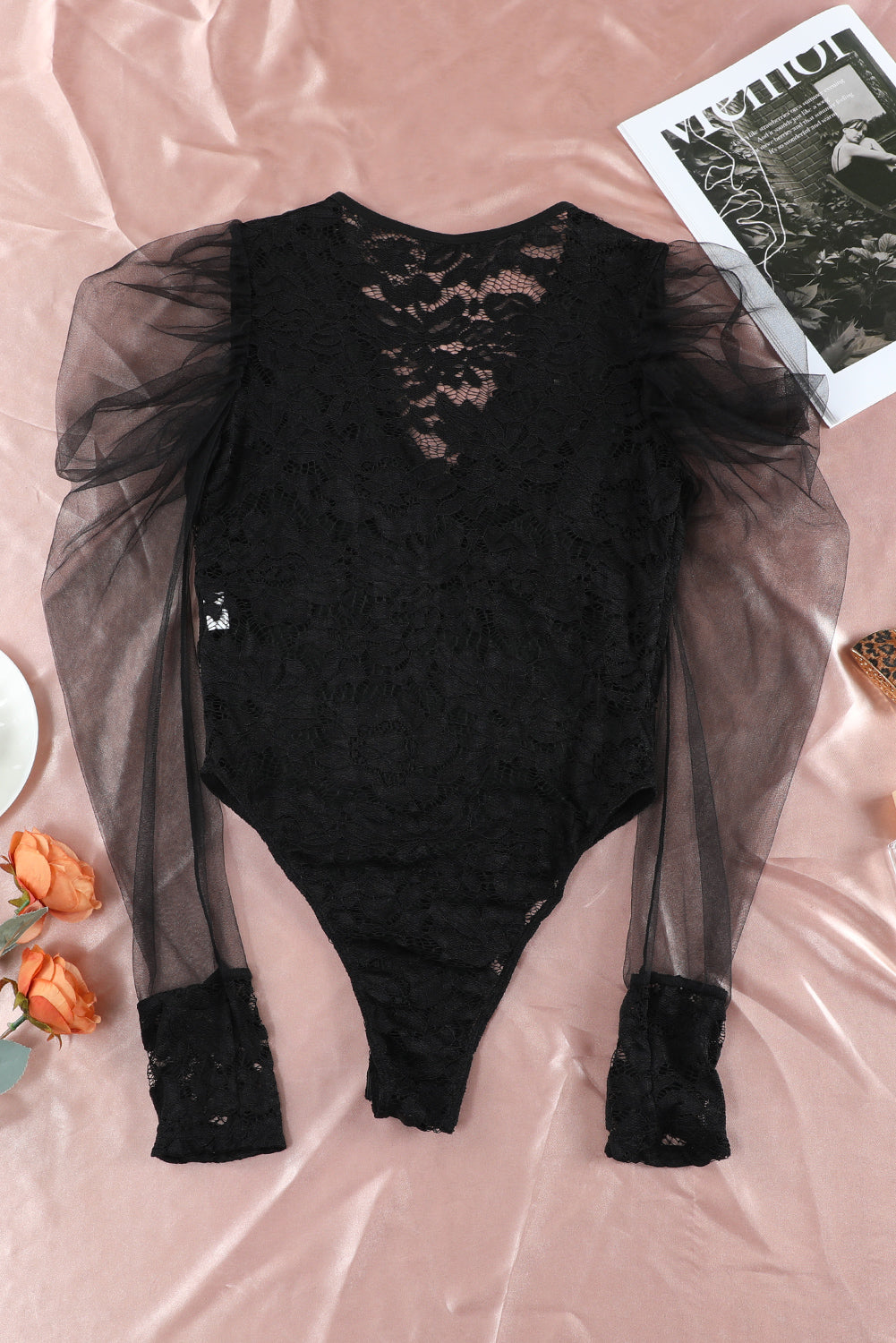 Black V Neck Lace Sheer Puff Sleeve Bodysuit