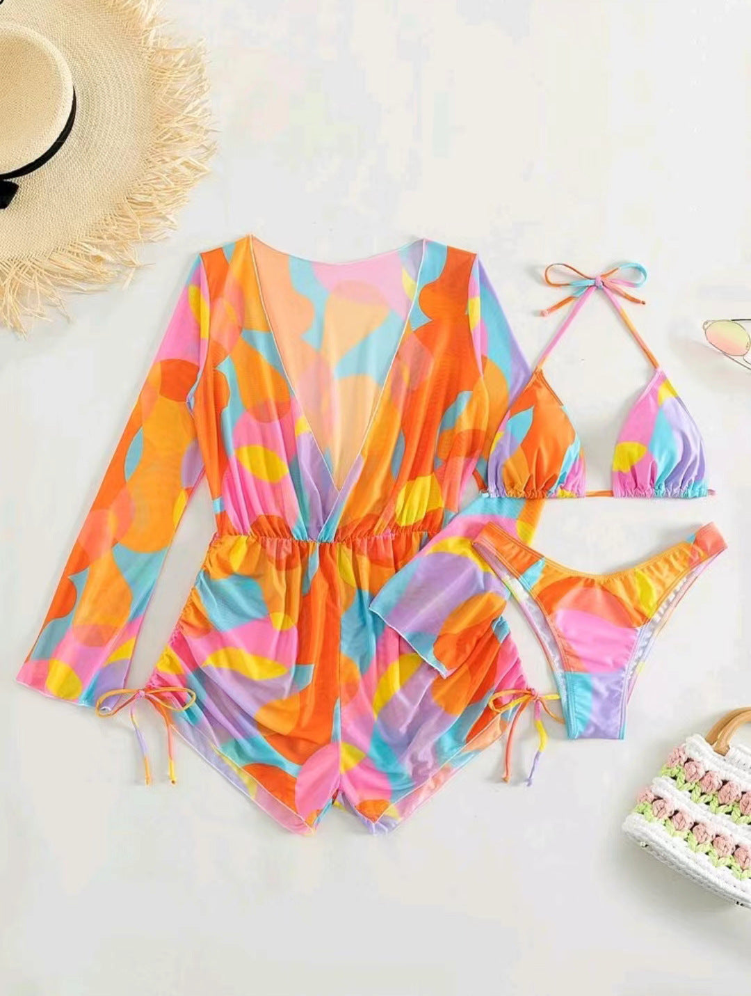 Jumpsuit long sleeved mesh hood bikini three piece swimsuit women&