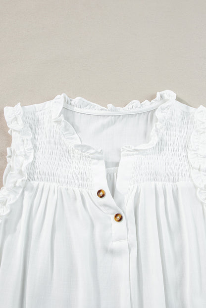 Chic White Ruffled Tank Top with Buttoned Neck and Split Design