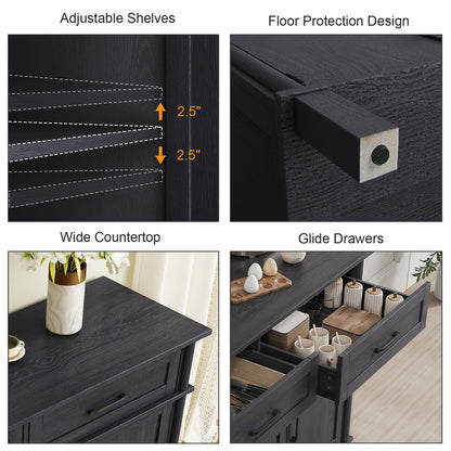 48&quot; Black Farmhouse Sideboard with Storage - Wooden Coffee Bar Cabinet Featuring 2 Drawers, 3 Doors &amp; Adjustable Shelves
