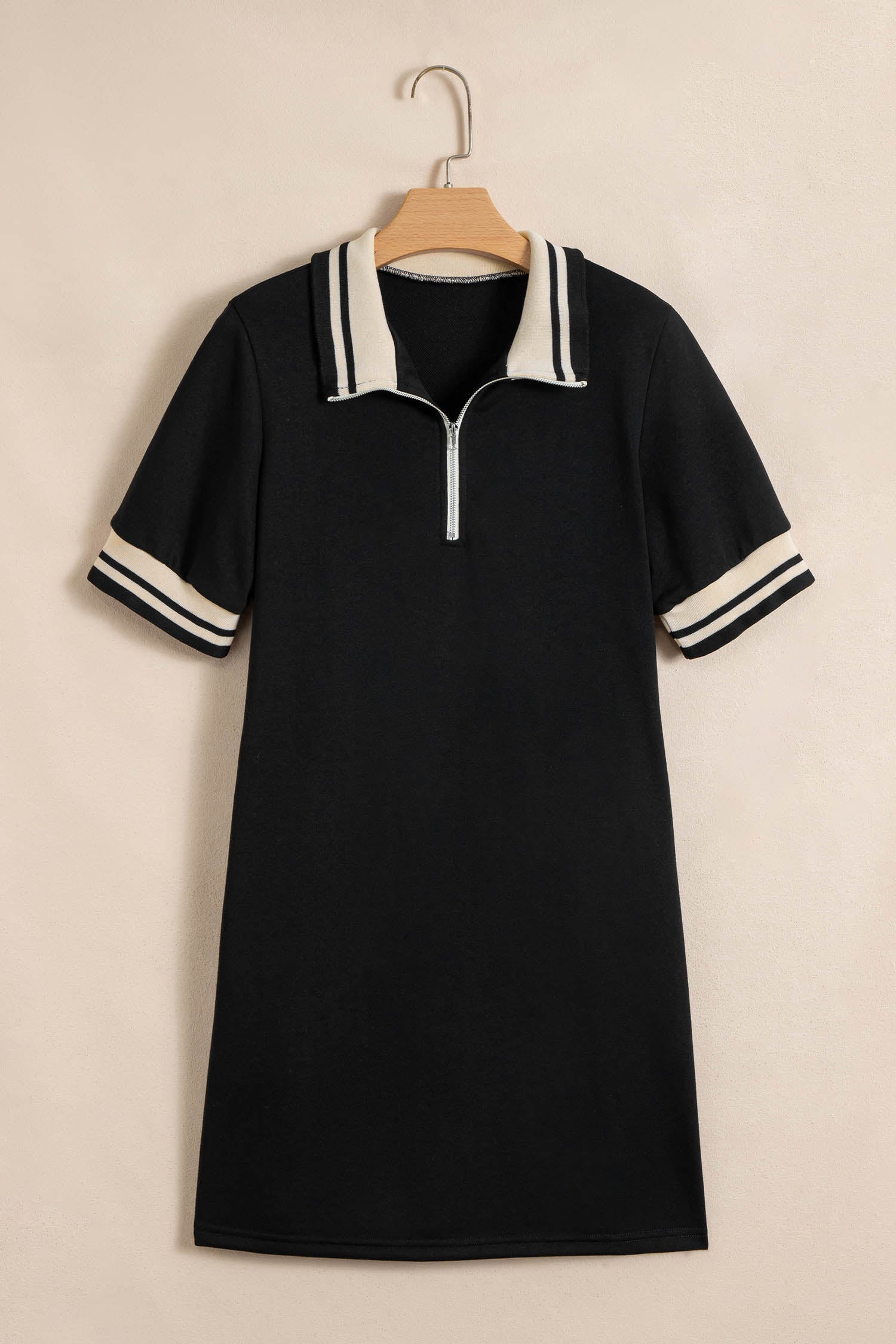 Black Striped Webbing Trim Preppy Polo Tee Dress
