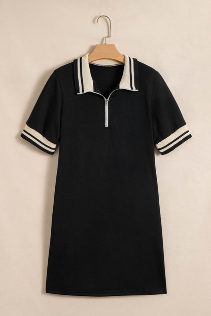 Black Striped Webbing Trim Preppy Polo Tee Dress