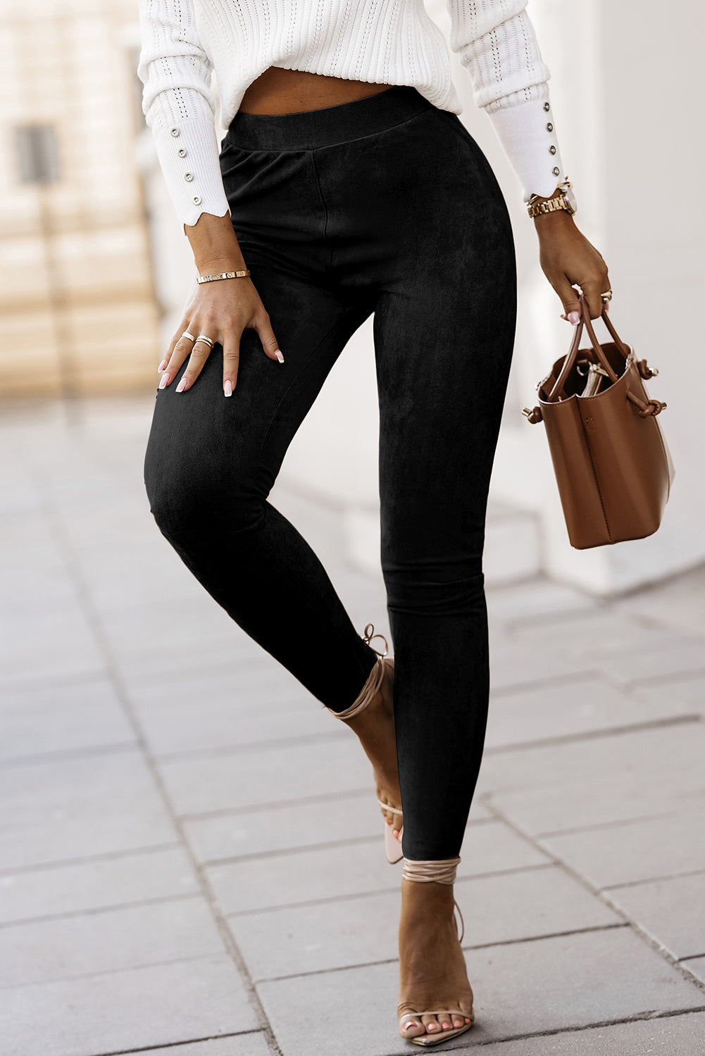 Khaki High Waist Faux Suede Skinny Leggings