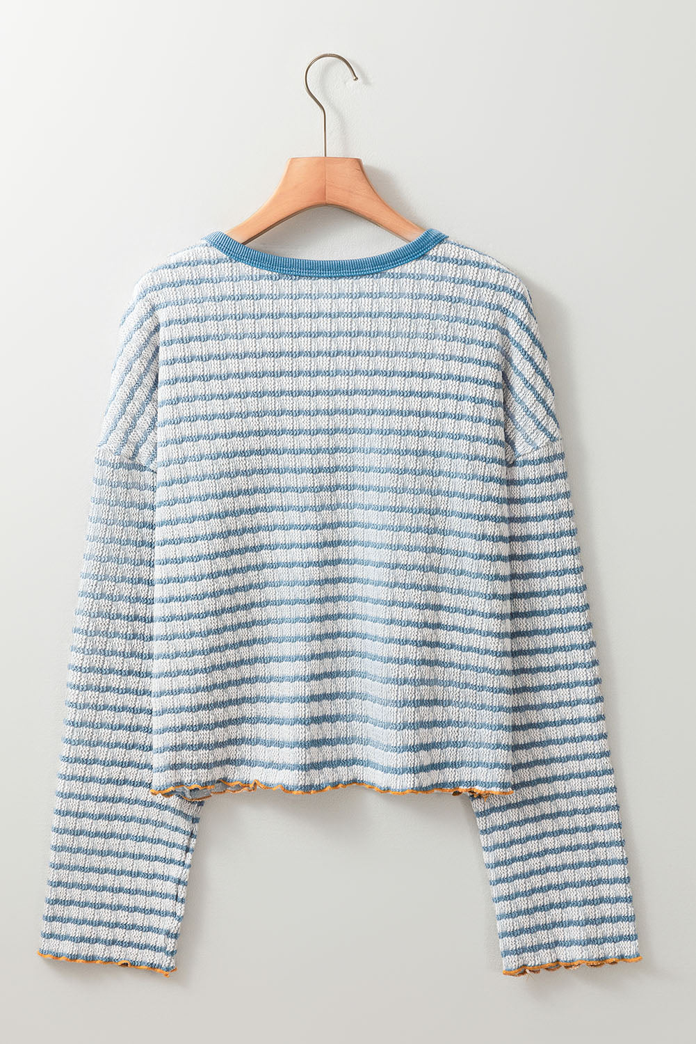 Sky Blue Stripe Textured Frilly Trim Buttons Henley Long Sleeve Top