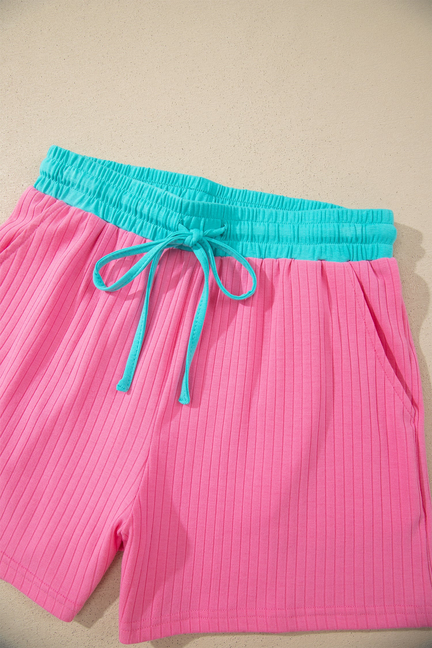 Yellow Cream Soft Ribbed Color Block Trim Casual Short Set