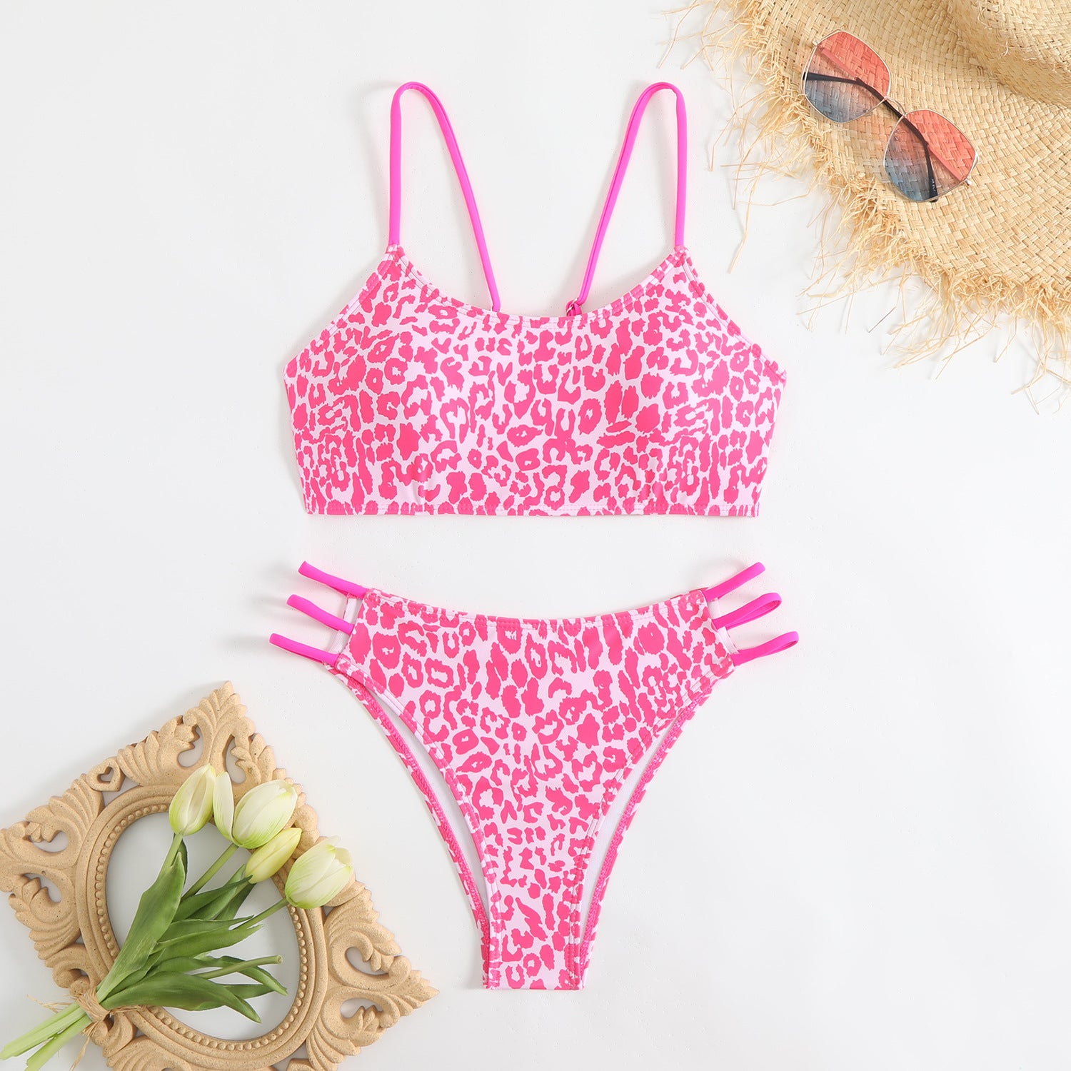 Leopard print multi rope hollow swimsuit bikini
