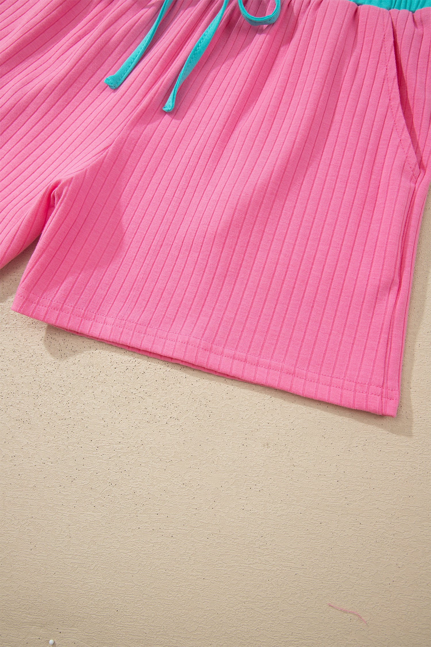 Yellow Cream Soft Ribbed Color Block Trim Casual Short Set