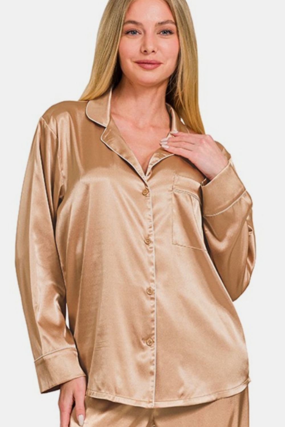 A Zenana Satin Pajama Set with a Long-Sleeved Shirt and Pants