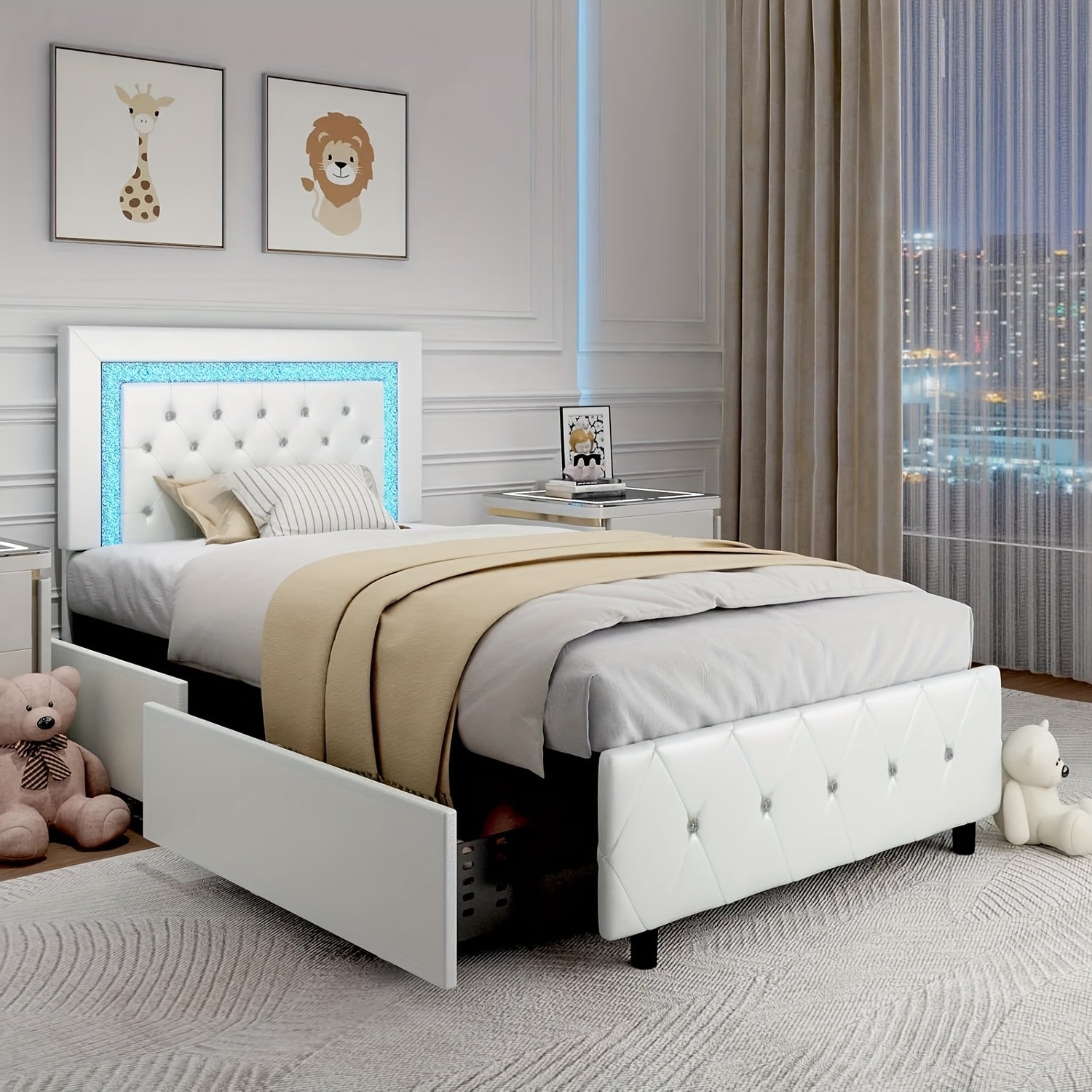 Twin Full Queen King Size Bed Frames With LED Lights And Storage Drawers, Upholstered Platform Bed With Diamond Headboard, Princess Platform Bed,