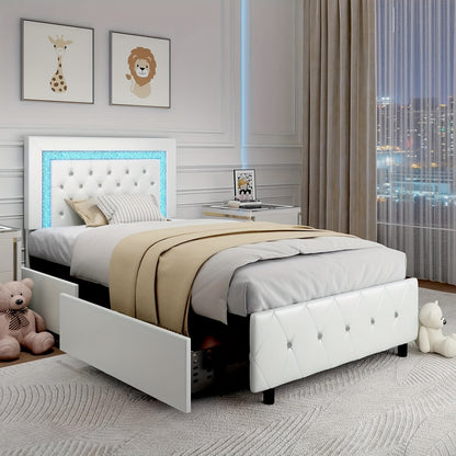 Twin Full Queen King Size Bed Frames With LED Lights And Storage Drawers, Upholstered Platform Bed With Diamond Headboard, Princess Platform Bed,