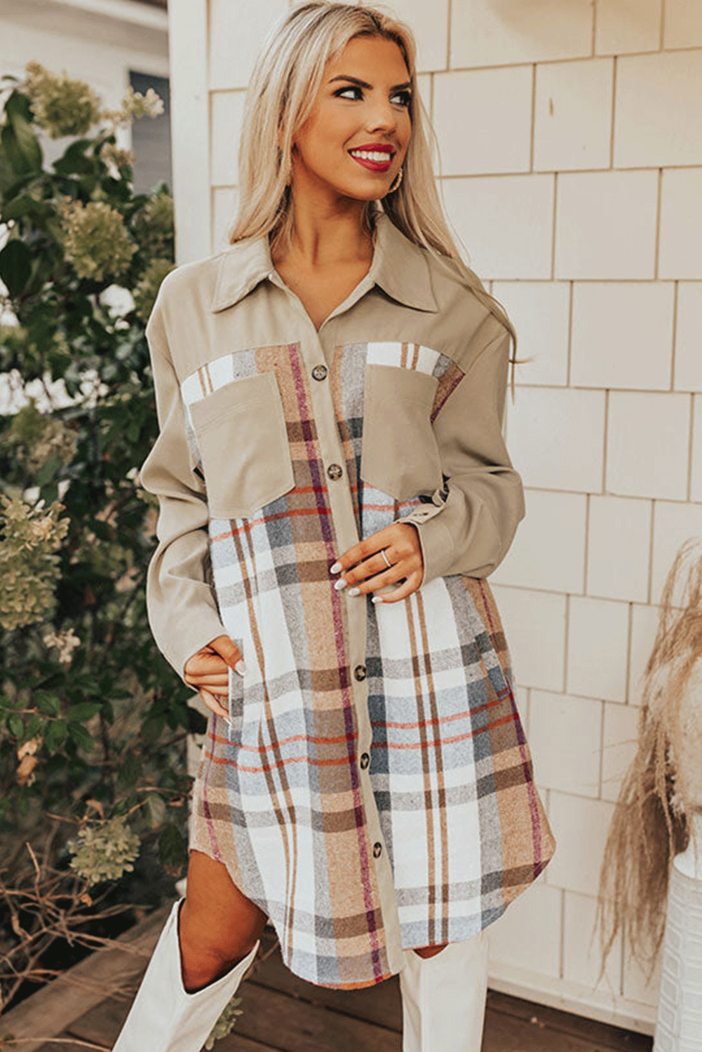 Mini Dress - Khaki Plaid Patchwork Long Sleeve