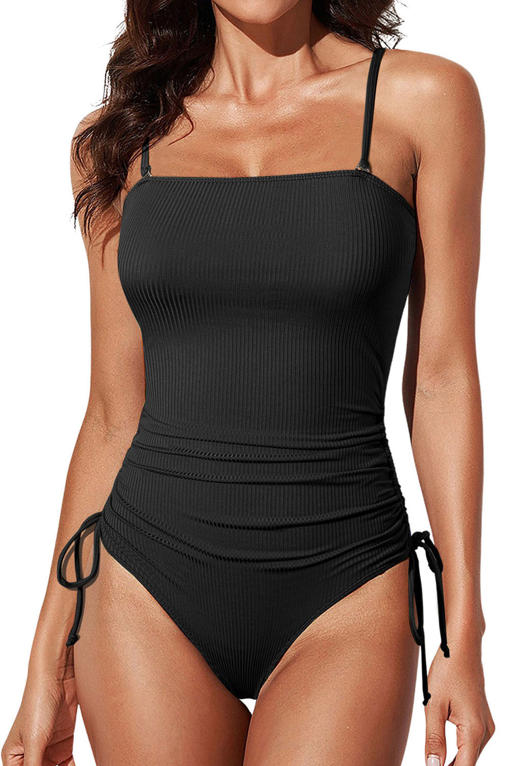 Navy Blue Ribbed Drawstring Sides Cutout One Piece Swimsuit