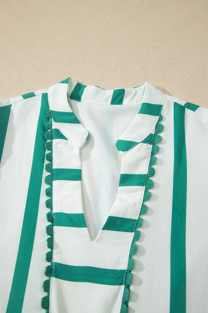 Sky Blue Stripe Ricrac Trim Notched Neck Half Sleeve Vacation Dress