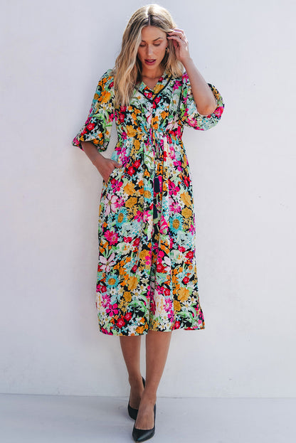 Puff Sleeve V Neck Tassel Drawstring Floral Dress