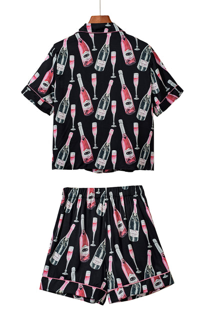 Black Champagne Print Silky Short Sleeve Pajamas Set