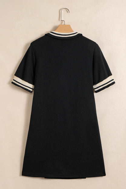 Black Striped Webbing Trim Preppy Polo Tee Dress