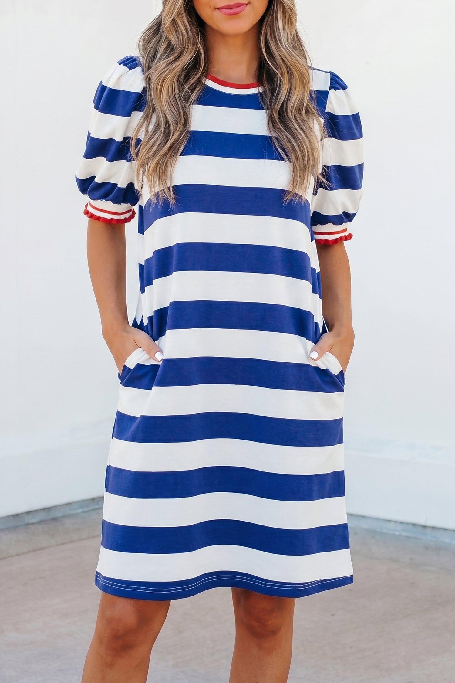 Red Stripe Contrast Trim Round Neck Short Puff Sleeve Shift Mini Dress