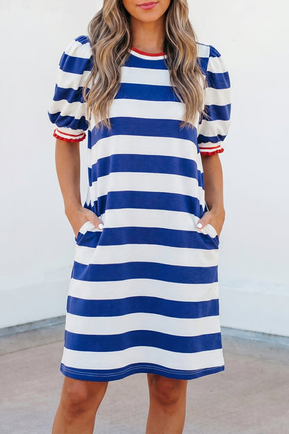 Red Stripe Contrast Trim Round Neck Short Puff Sleeve Shift Mini Dress