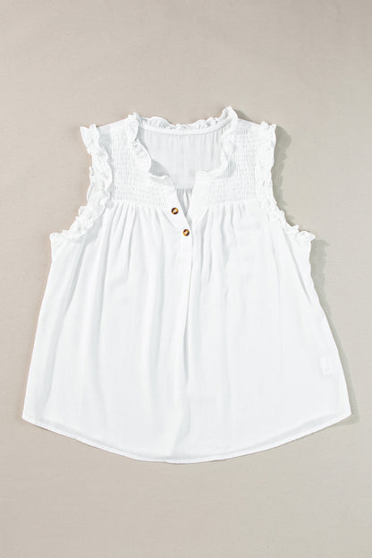 Chic White Ruffled Tank Top with Buttoned Neck and Split Design