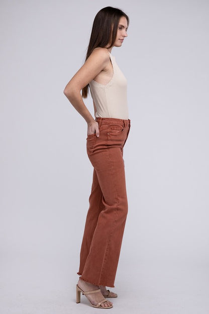 Acid -washed frayed cutoff hem straight wide pants.