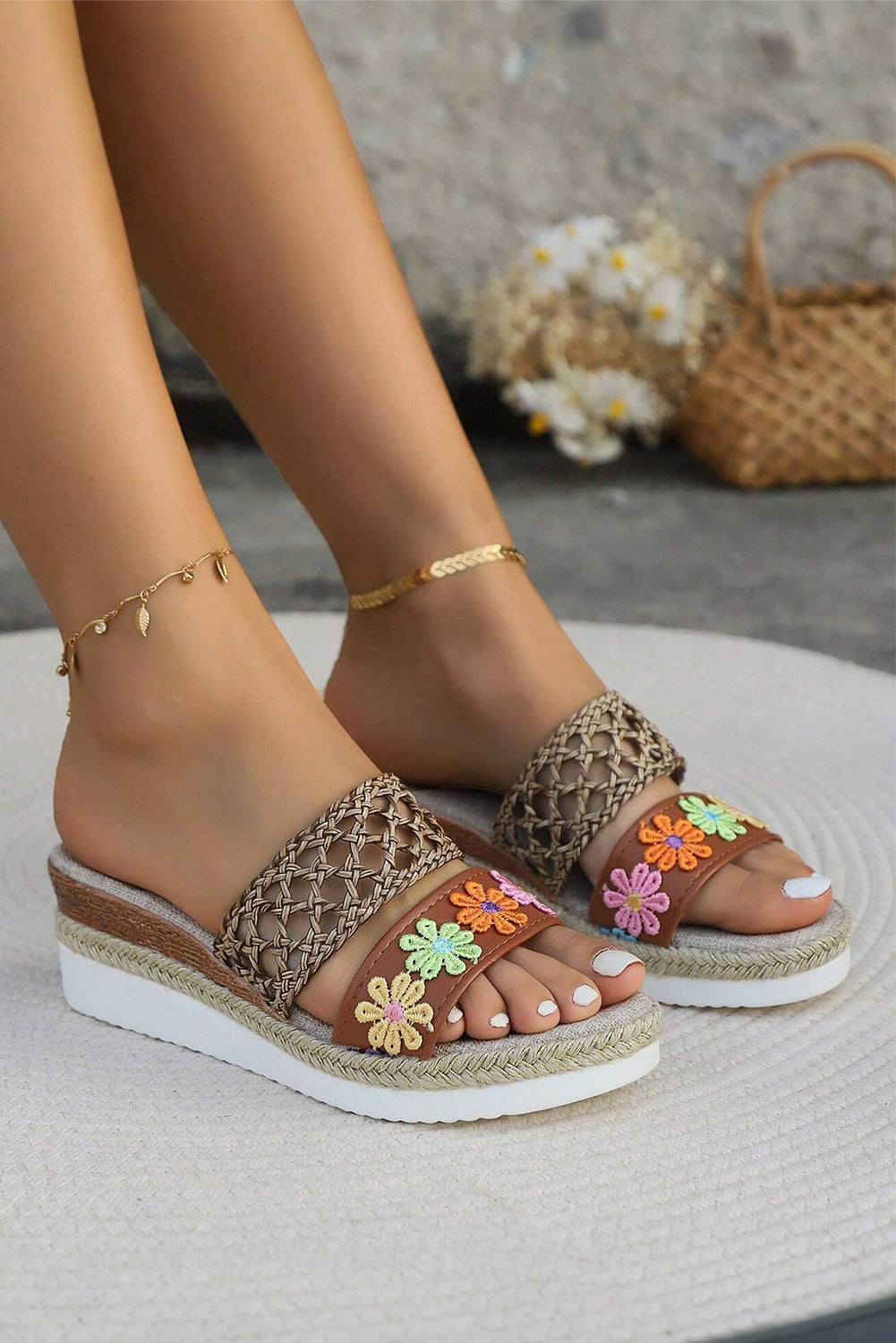 White Floral Print Braided Details Wedge Slippers