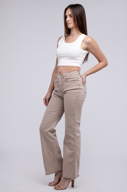 Acid -washed frayed cutoff hem straight wide pants.