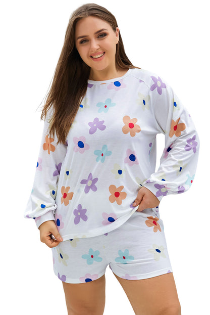 Plus Size Flower Print Raglan Pullover and Shorts Outfit