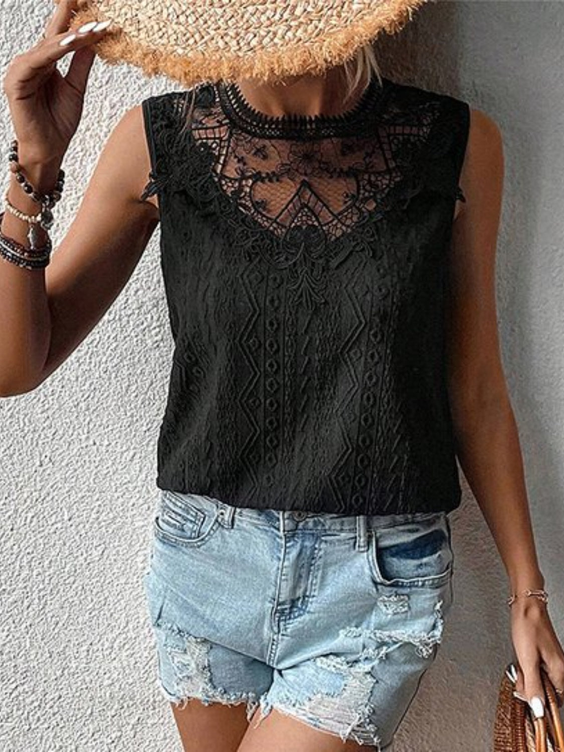 Sleeveless Top with Lace and Eyelets