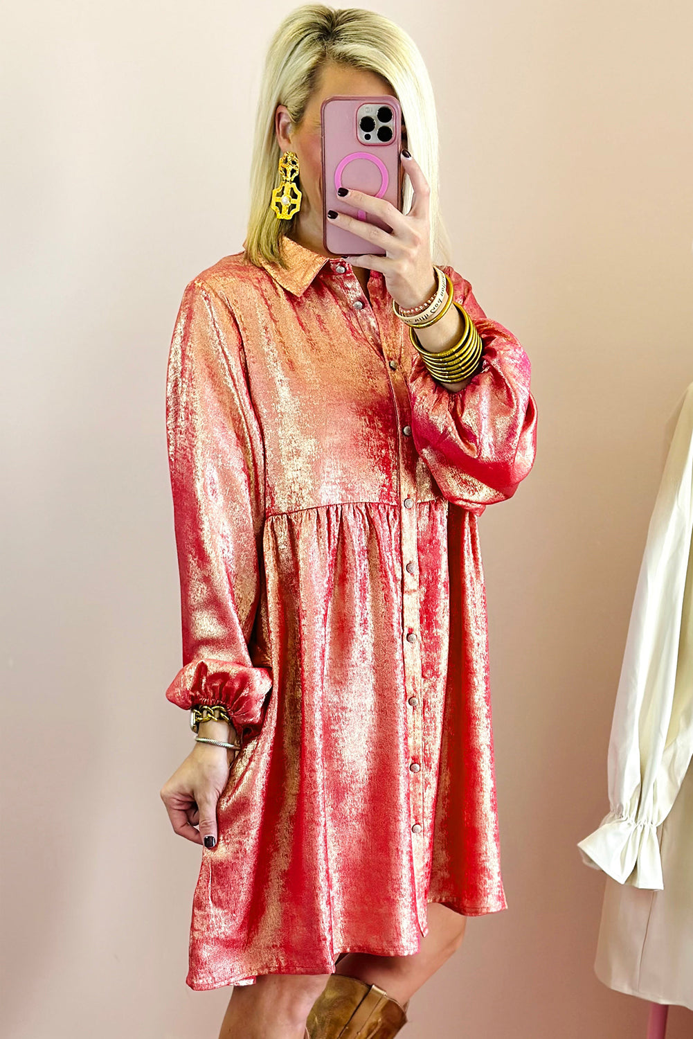 Metallic Sheen Puff Sleeve Button Up Mini Shirt Dress: Peach Blossom