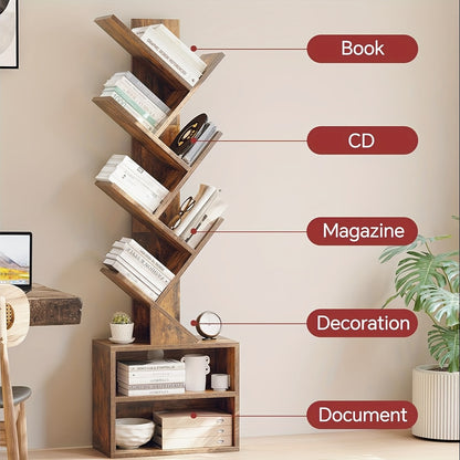 6 Tier Tree Bookshelf, Small Bookcase with Storage Cabinet, Modern Tall Narrow Bookshelves Organizer