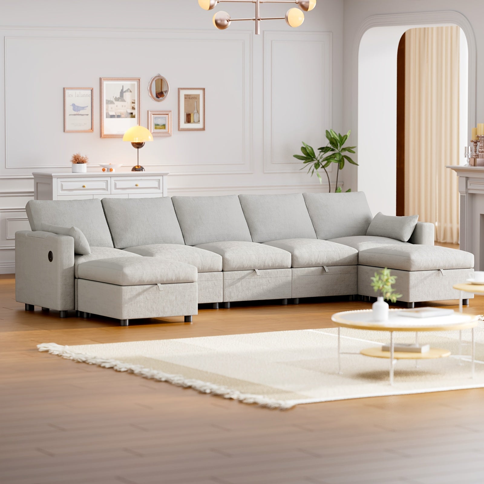 Multi-Seater Fabric Sectional Sofa | Comfortable Sectional Sofa With Storage, Cup Holder, Soft Recliner Combination Sofa For Living Room Or Office, Beige