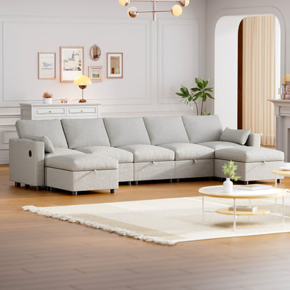 Multi-Seater Fabric Sectional Sofa | Comfortable Sectional Sofa With Storage, Cup Holder, Soft Recliner Combination Sofa For Living Room Or Office, Beige