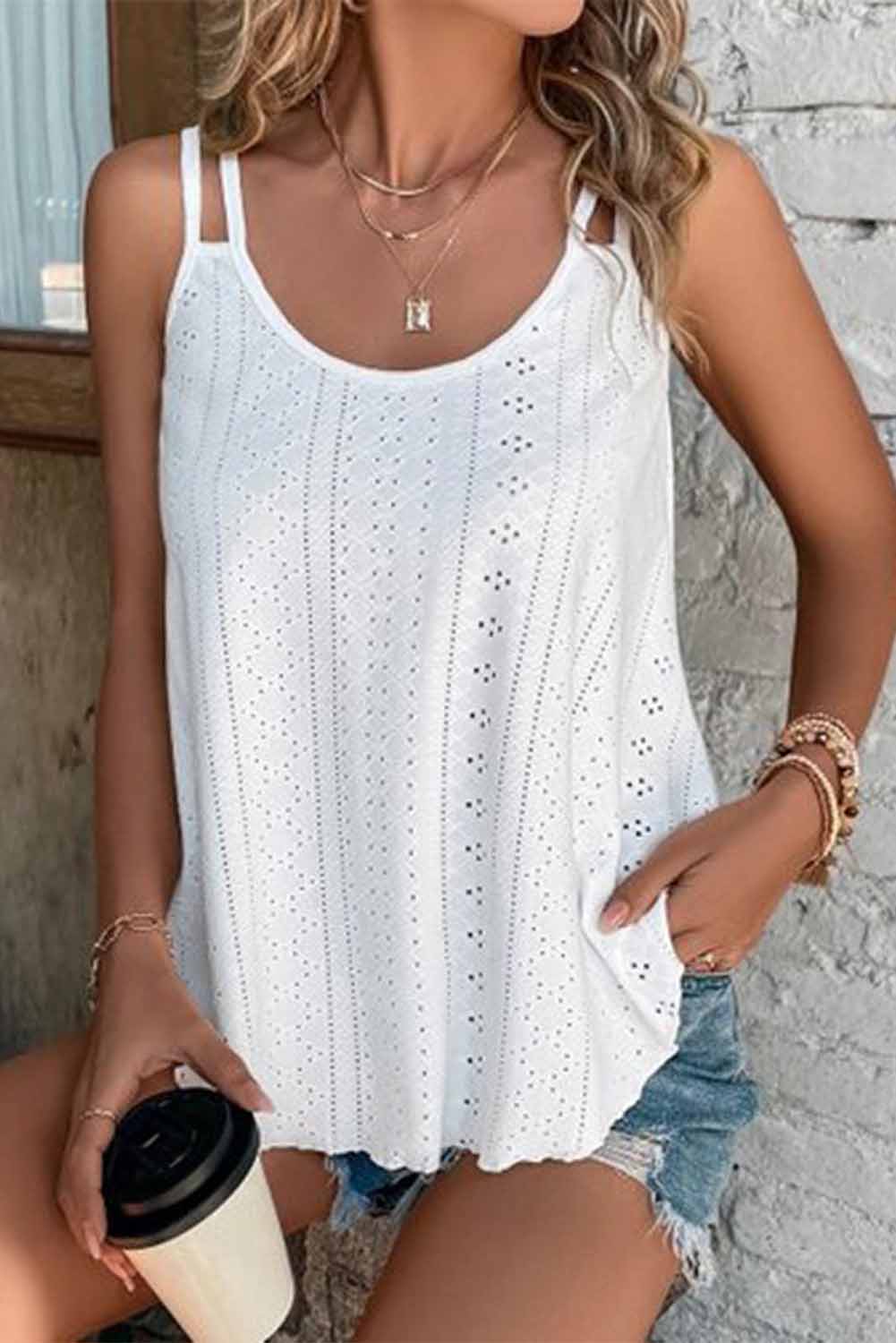 Edgy Black Strappy Scoop-Neck Tank Top with Eyelet Detailing