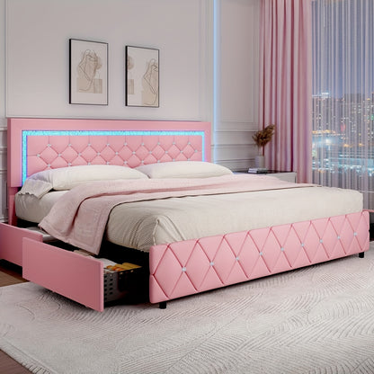 Twin Full Queen King Size Bed Frames With LED Lights And Storage Drawers, Upholstered Platform Bed With Diamond Headboard, Princess Platform Bed,