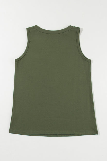 Trendy Jungle Green V-Neck Tank Top with Half Buttons and Patched Pocket