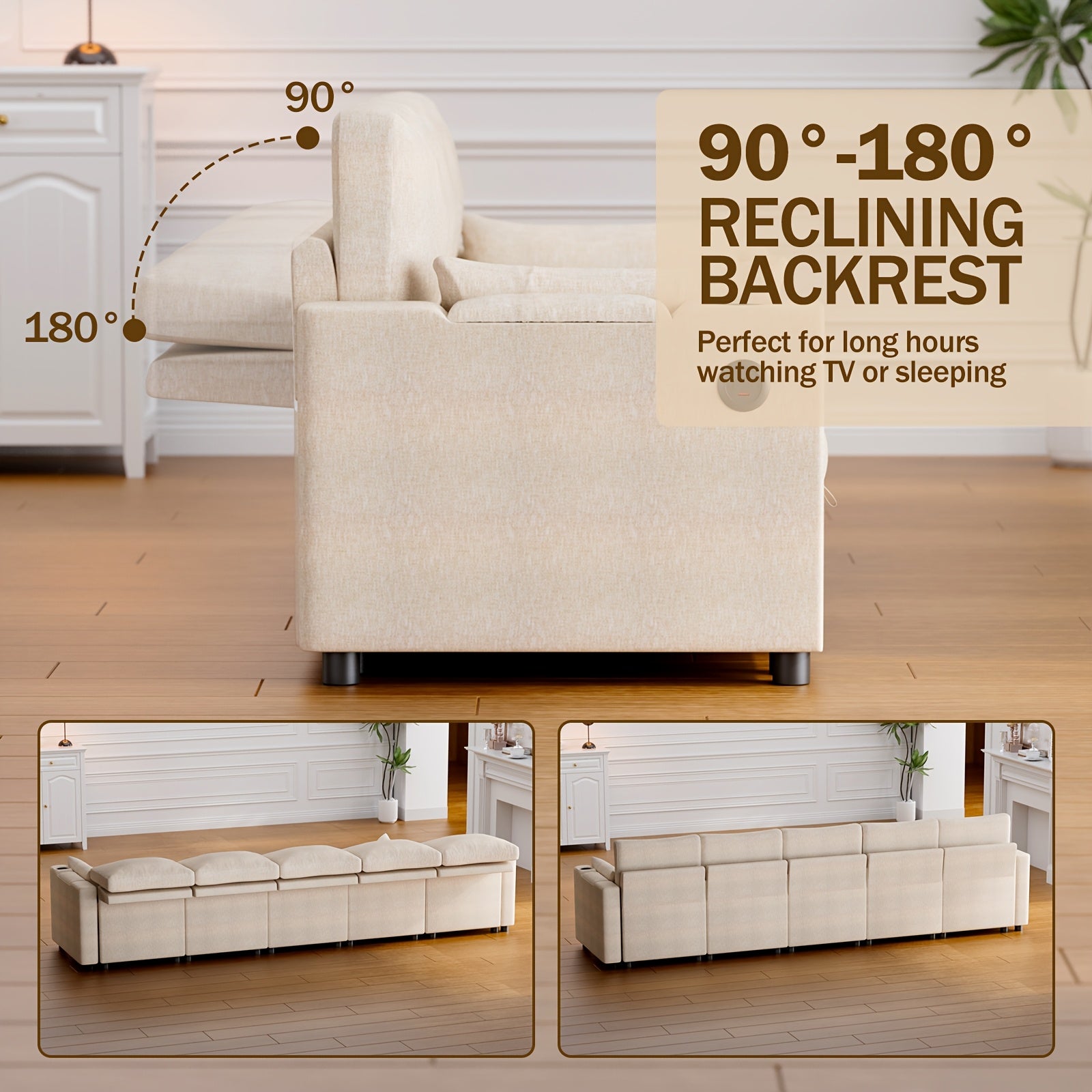 Multi-Seater Fabric Sectional Sofa | Comfortable Sectional Sofa With Storage, Cup Holder, Soft Recliner Combination Sofa For Living Room Or Office, Beige