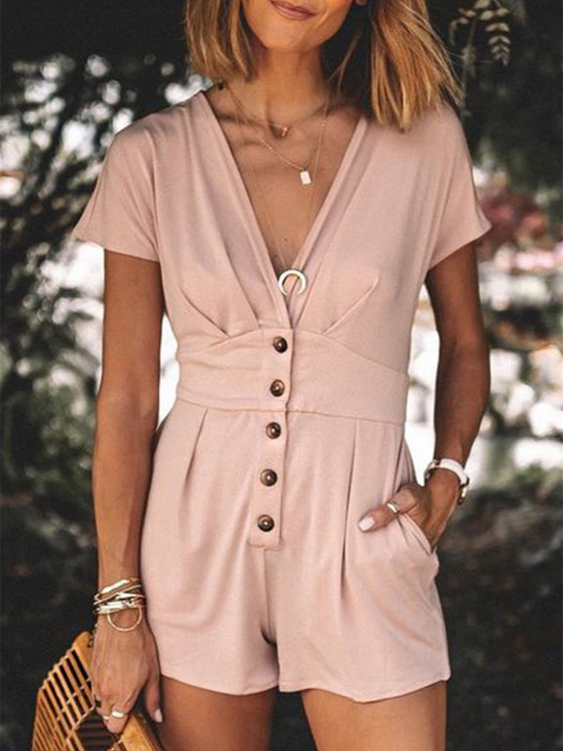 V-Neck Romper with Pockets