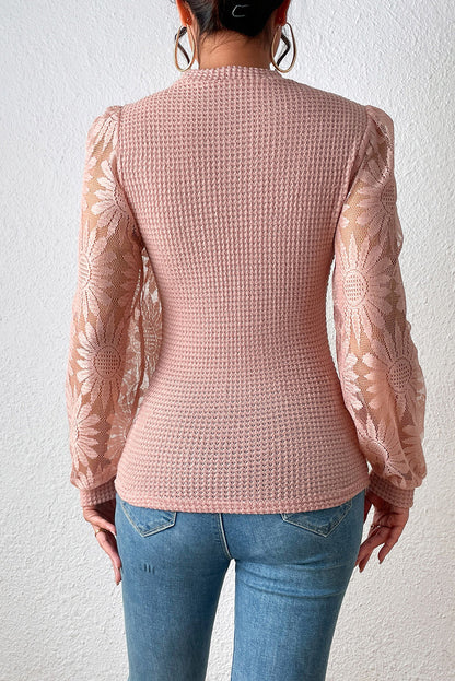 Peach Blossom Sunflower Mesh Bubble Sleeve Waffle Knit Top