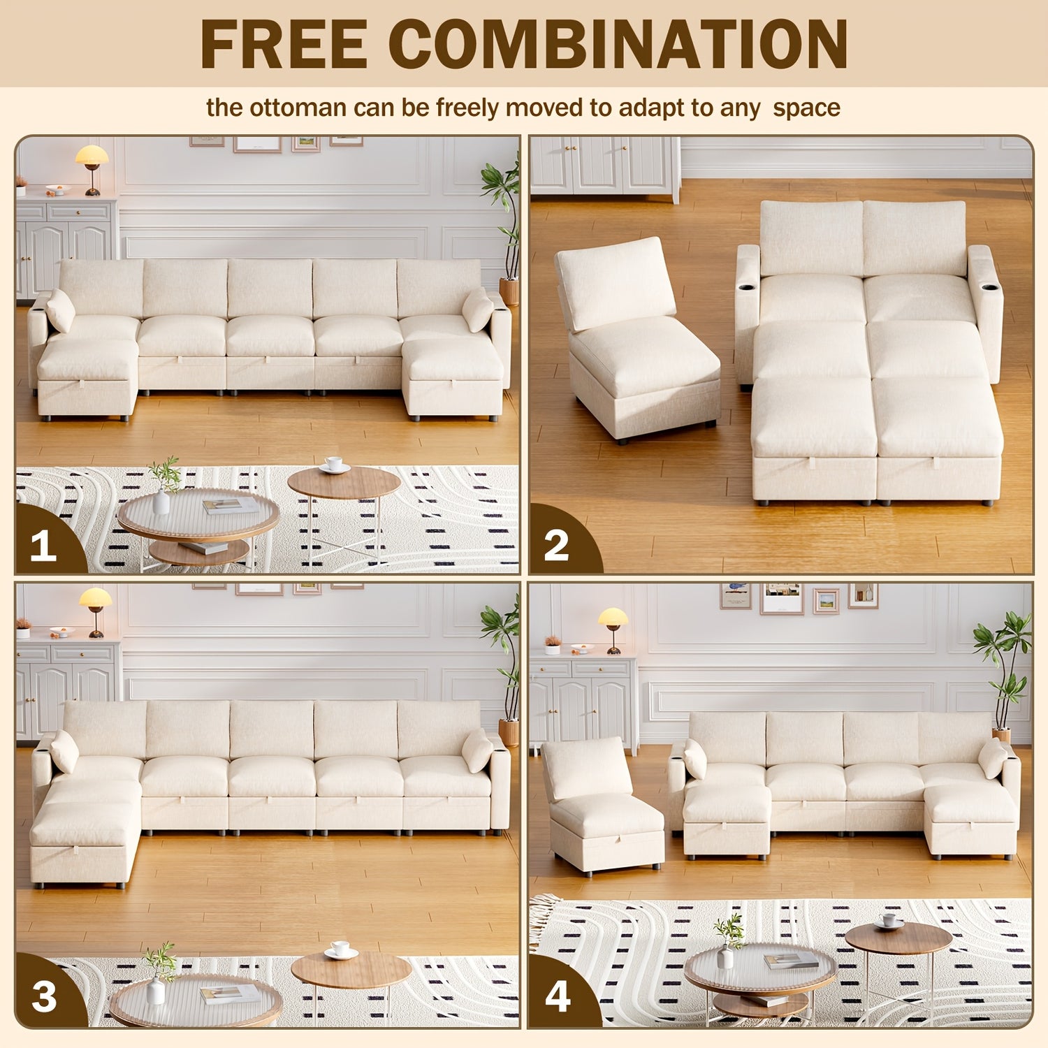Multi-Seater Fabric Sectional Sofa | Comfortable Sectional Sofa With Storage, Cup Holder, Soft Recliner Combination Sofa For Living Room Or Office, Beige