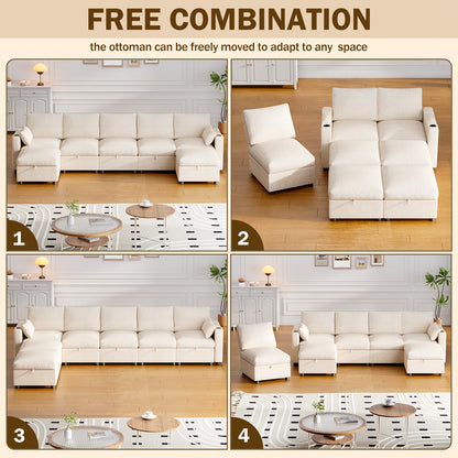 Multi-Seater Fabric Sectional Sofa | Comfortable Sectional Sofa With Storage, Cup Holder, Soft Recliner Combination Sofa For Living Room Or Office, Beige