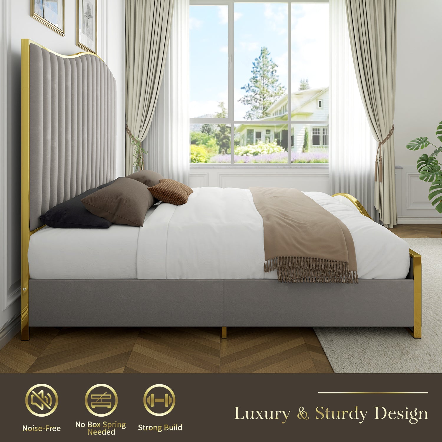 [Luxury | Velvet] Gray Luxury Velvet Platform Bed | 61.4&quot; High Headboard, Contemporary Design, Metal Frame