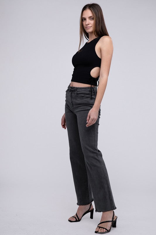 Acid -washed frayed cutoff hem straight wide pants.