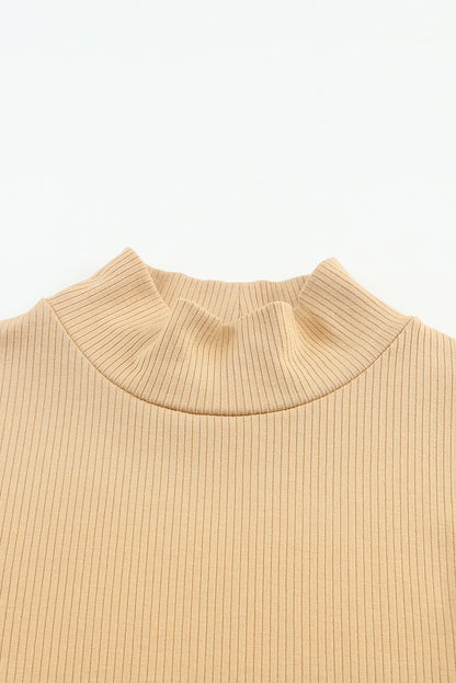 Khaki Ribbed Knit High Neck Long Sleeve Top