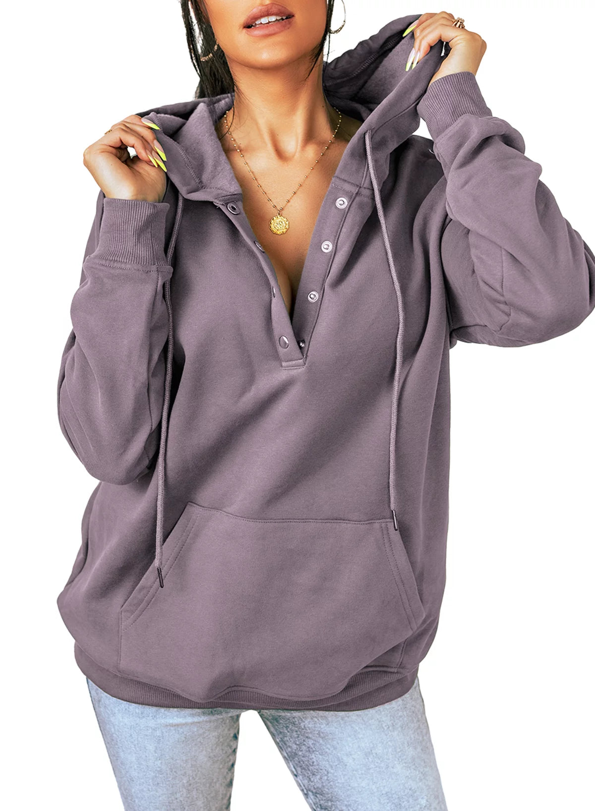 Hoodies for Women Sweatshirt Long Sleeve 1/4 Button Closure Drawstring Pullover Casual Hooded Tops