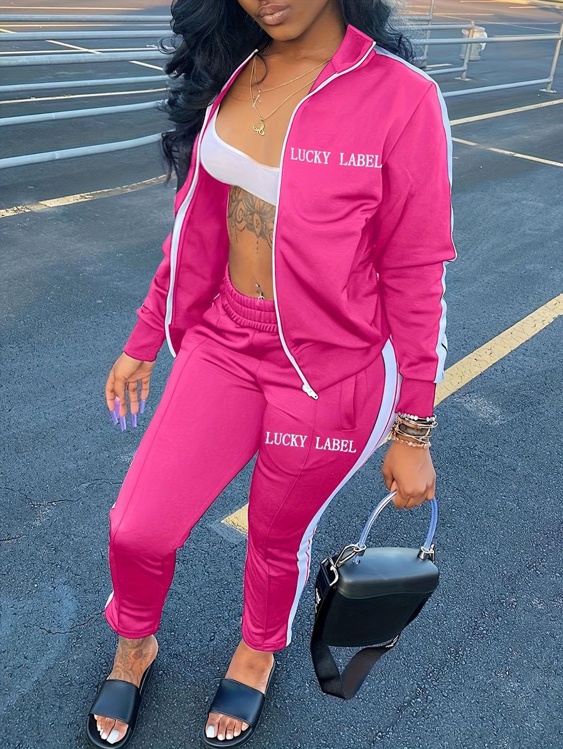 Directional Letter Embroidery Two-Piece Set | Fashion Zip-Up Top &amp; Shorts