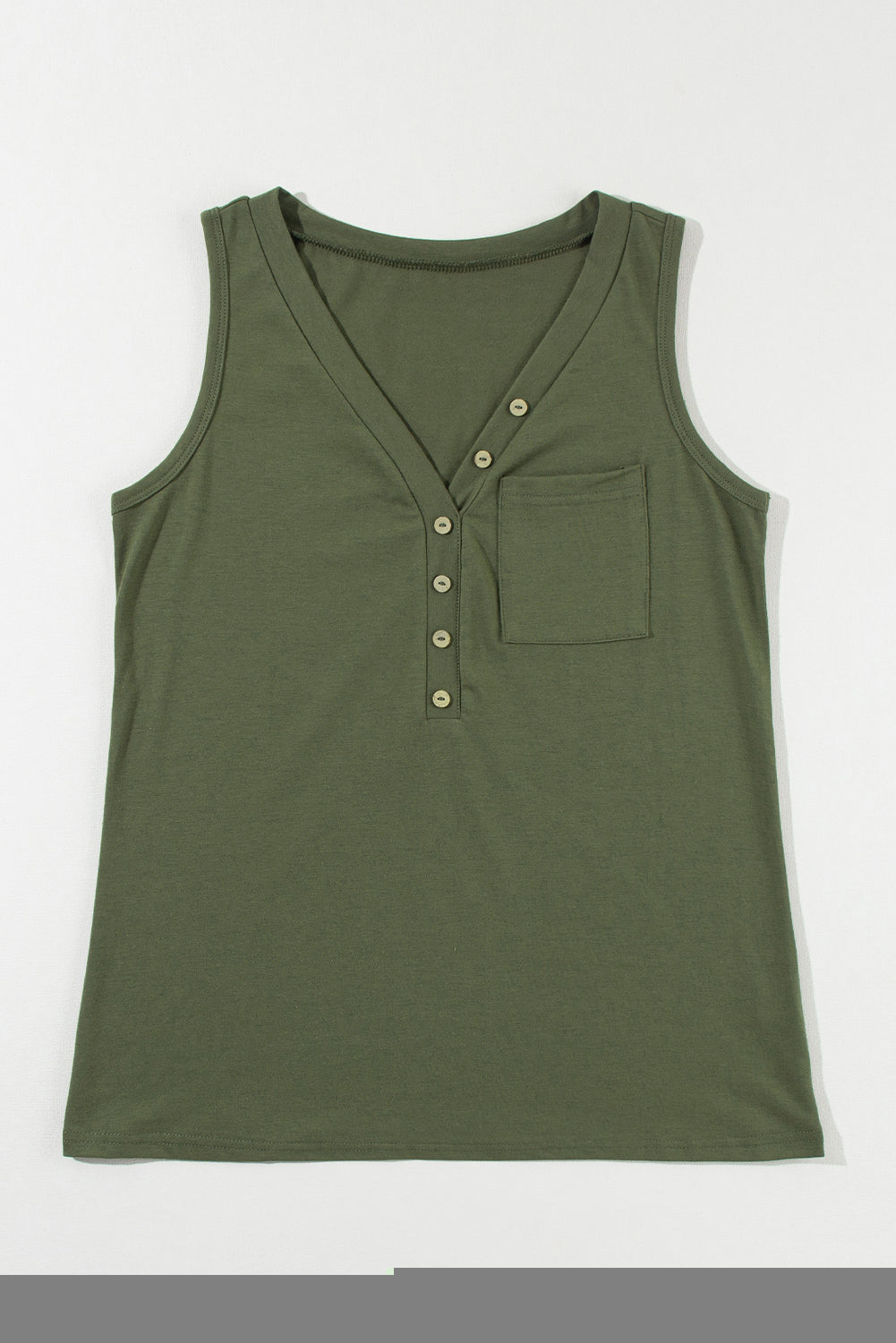 Trendy Jungle Green V-Neck Tank Top with Half Buttons and Patched Pocket