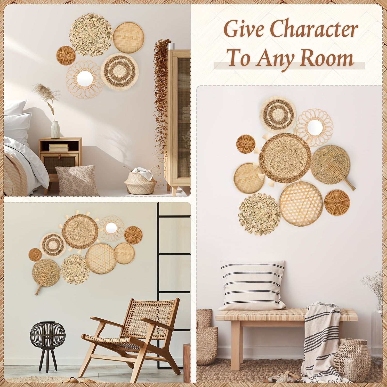 9-piece Set Wall Hanging Basket Decoration Bohemian Style Wall Hanging Decoration Rattan Wall Decoration Flat Round Wicker Mirror Woven Lace Fringe Tapestry