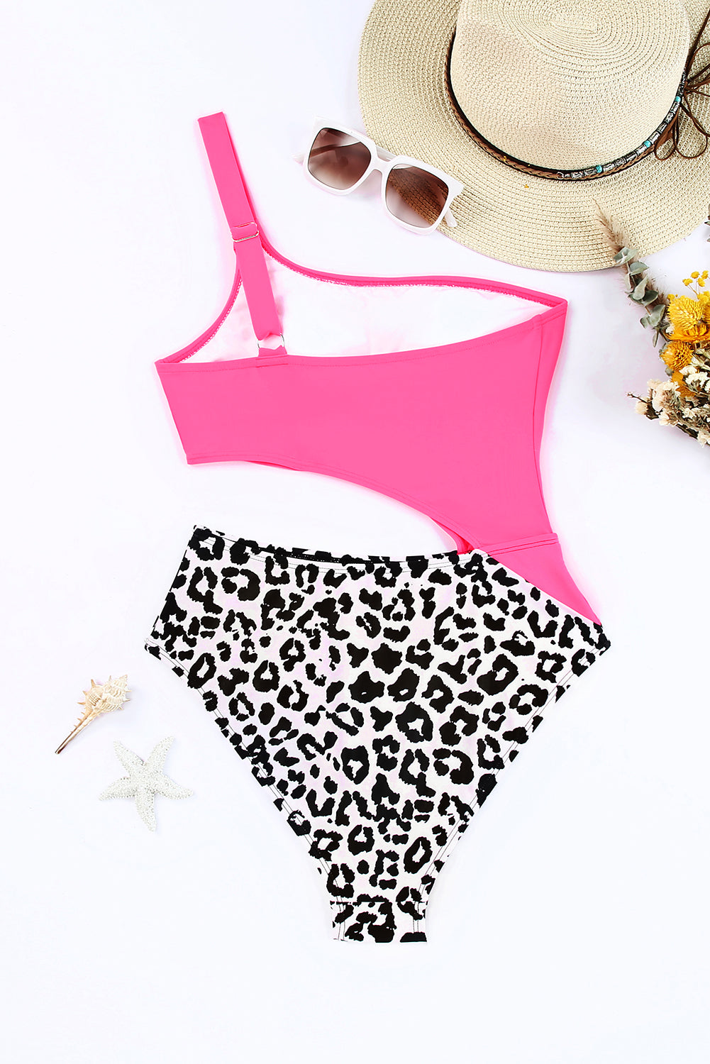 Rose Leopard Patchwork Asymmetric Cutout One Piece Swimsuit