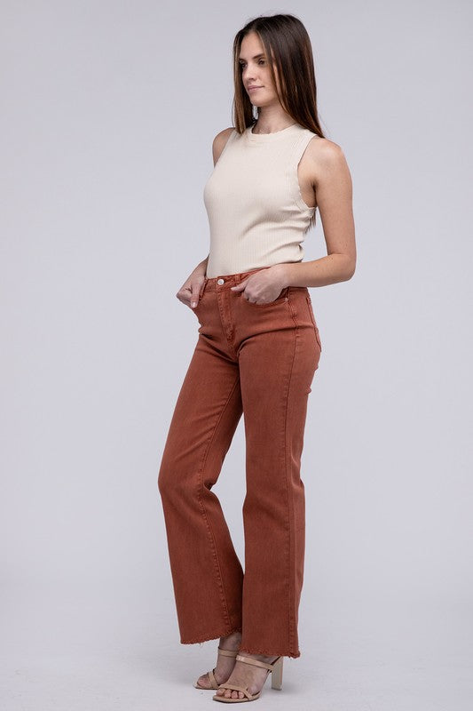 Acid -washed frayed cutoff hem straight wide pants.