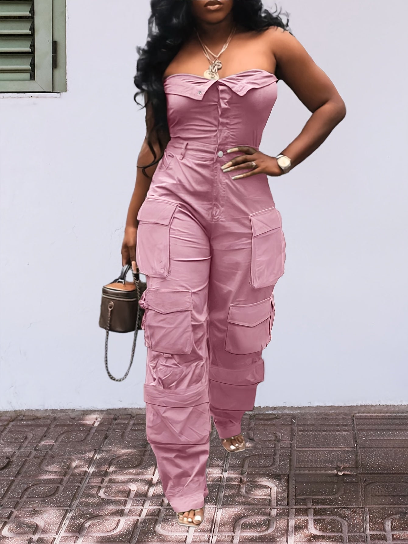 CHICSALE Women’s Bandeau Jumpsuit - Sexy Tube Top One-Piece with Button Detail